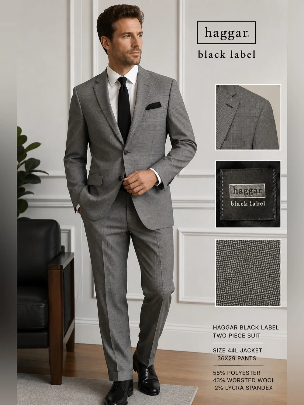 Haggar Black Label Gray Micro Houndstooth 2-Piece Suit 44L Jacket 36x29 Pants
